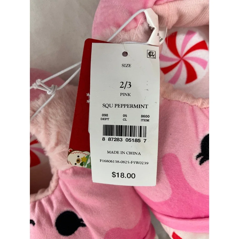 Squishmallows Peppermint Pink Plush Slippers Kids Size 2/3 Holiday Cocoa Cupcake